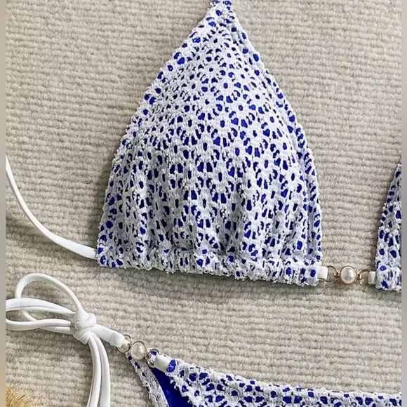 White Crochet Blue Underlay Pearl Accents Side Tie Bikini Set - Picture 9 of 12